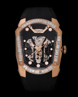 
                  
                    Load image into Gallery viewer, GT Skeleton TW028-D5 (Rosegold/Black) with White Swarovski (Black Rubber Strap)
                  
                