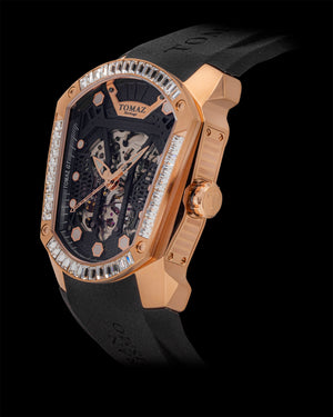 
                  
                    Load image into Gallery viewer, GT Skeleton TW028-D5 (Rosegold/Black) with White Swarovski (Black Rubber Strap)
                  
                