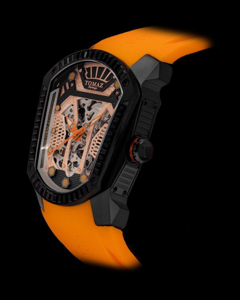 
                  
                    Load image into Gallery viewer, GT Skeleton TW028-D6 (Black/Orange) with Black Swarovski (Orange Rubber Strap)
                  
                