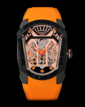 
                  
                    Load image into Gallery viewer, GT Skeleton TW028-D6 (Black/Orange) with Black Swarovski (Orange Rubber Strap)
                  
                