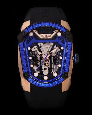 
                  
                    Load image into Gallery viewer, GT Skeleton TW028-D7 (Rosegold/Blue) with Blue Swarovski (Black Rubber Strap)
                  
                