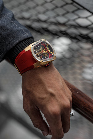 
                  
                    Load image into Gallery viewer, GT Skeleton TW028-D23 (Rosegold) with White Swarovski (Red Rubber Strap)
                  
                