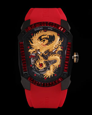 
                  
                    Load image into Gallery viewer, GT Dragon TW028E-D4 (Black) with Red Swarovski (Red Rubber Strap)
                  
                