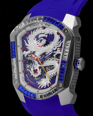 
                  
                    Load image into Gallery viewer, GT Dragon TW028E-D7 (Silver/White) with White &amp;amp; Blue Swarovski (Blue Rubber Strap)
                  
                