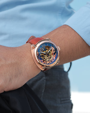 
                  
                    Load image into Gallery viewer, Xavier Automatic TW030-D12 (Rosegold/Blue) Brown Leather Strap
                  
                