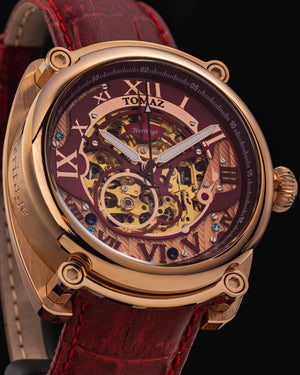 
                  
                    Load image into Gallery viewer, Xavier Automatic TW030-D14 (Rosegold/Red) Red Bamboo Leather Strap
                  
                