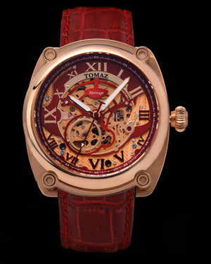 
                  
                    Load image into Gallery viewer, Xavier Automatic TW030-D14 (Rosegold/Red) Red Bamboo Leather Strap
                  
                