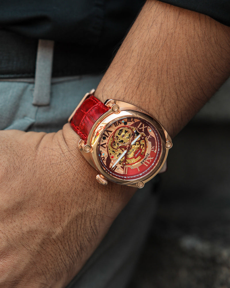 
                  
                    Load image into Gallery viewer, Xavier Automatic TW030-D14 (Rosegold/Red) Red Bamboo Leather Strap
                  
                