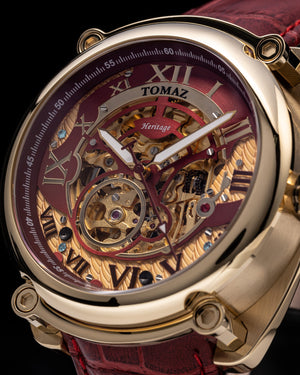 
                  
                    Load image into Gallery viewer, Xavier Automatic TW030-D18 (Gold/Red) Red Bamboo Leather Strap
                  
                