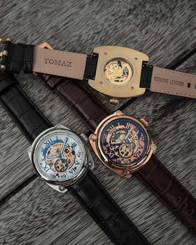 
                  
                    Load image into Gallery viewer, Xavier Automatic TW030-D10 (Rosegold/Black) Coffee Bamboo Leather Strap
                  
                