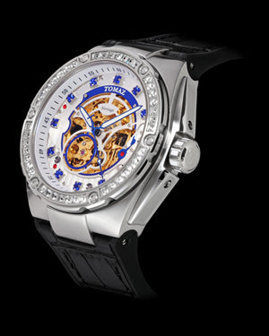 
                  
                    Load image into Gallery viewer, Xavier XL TW033-D13 (Silver/White) with White Swarovski (Black Leather Strap)
                  
                