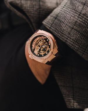 
                  
                    Load image into Gallery viewer, Xavier XL TW033-D15A (Rosegold/Black) with White Swarovski (Coffee Leather Strap)
                  
                