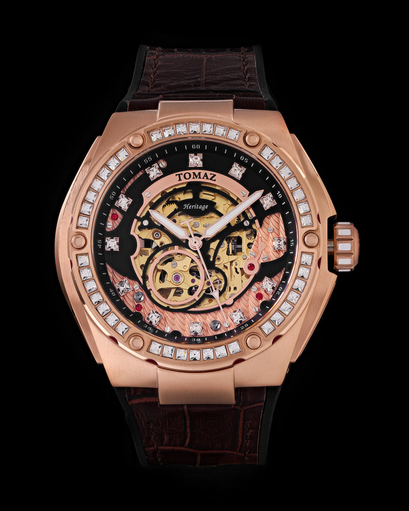 
                  
                    Load image into Gallery viewer, Xavier XL TW033-D15A (Rosegold/Black) with White Swarovski (Coffee Leather Strap)
                  
                