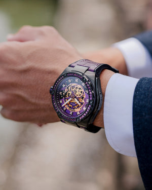 
                  
                    Load image into Gallery viewer, Xavier XL TW033-D2 (Black/Purple) with Purple Swarovski (Purple Bamboo Leather Strap)
                  
                