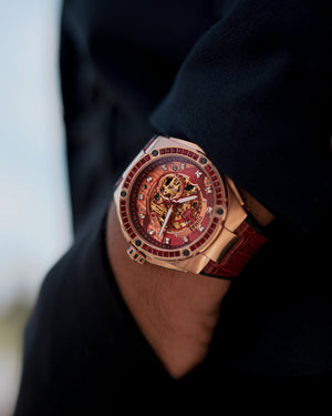 
                  
                    Load image into Gallery viewer, Xavier XL TW033-D3 (Rosegold/Red) with Red Swarovski (Red Bamboo Leather Strap)
                  
                