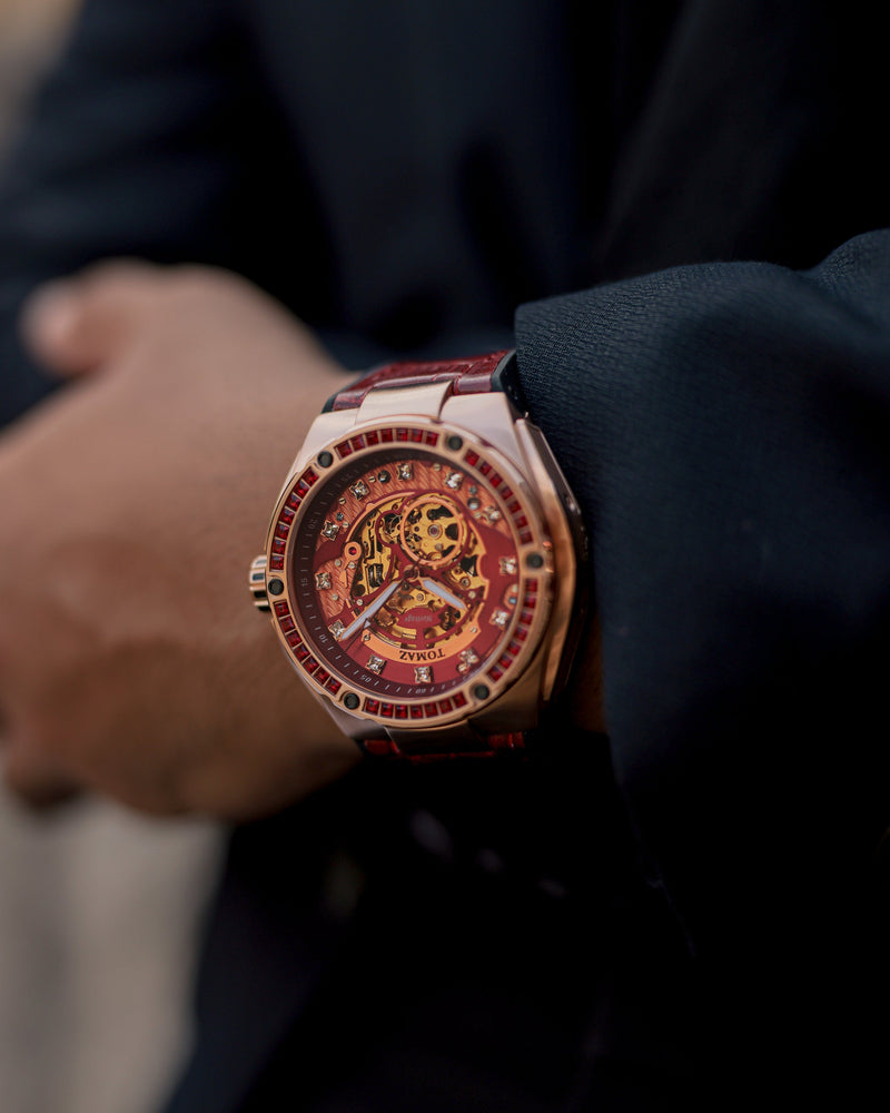 
                  
                    Load image into Gallery viewer, Xavier XL TW033-D3 (Rosegold/Red) with Red Swarovski (Red Bamboo Leather Strap)
                  
                