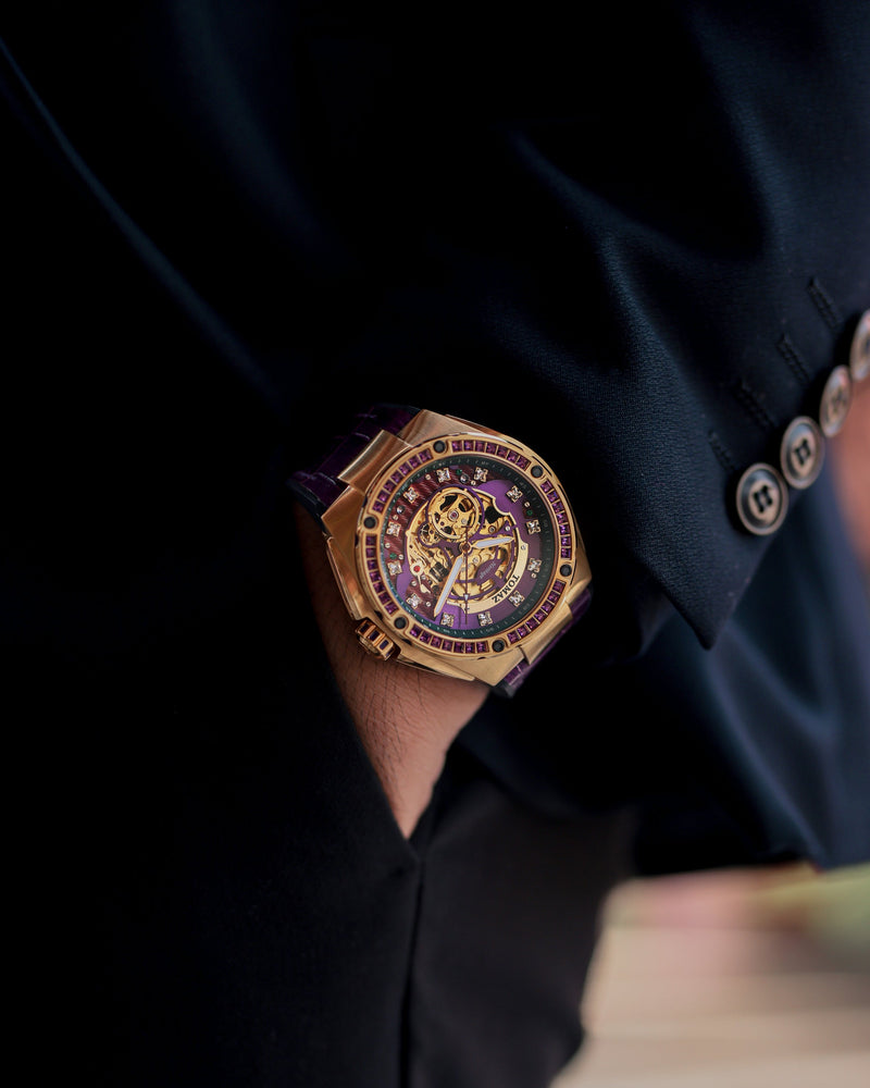 
                  
                    Load image into Gallery viewer, Xavier XL TW033-D6 (Gold/Purple) with Purple Swarovski (Purple Bamboo Leather  Strap)
                  
                