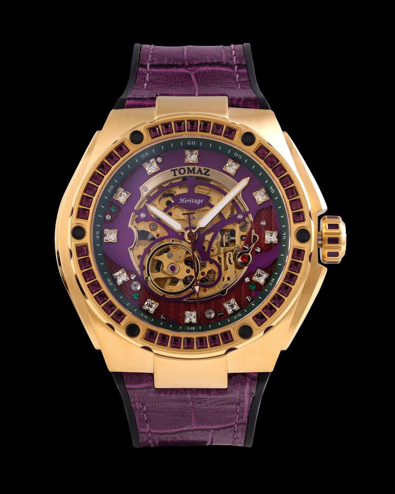 
                  
                    Load image into Gallery viewer, Xavier XL TW033-D6 (Gold/Purple) with Purple Swarovski (Purple Bamboo Leather  Strap)
                  
                