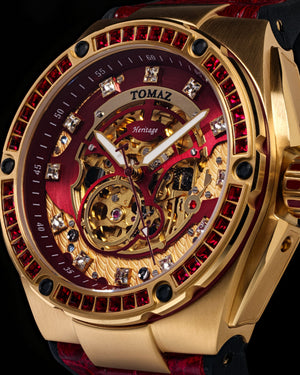 
                  
                    Load image into Gallery viewer, Xavier XL TW033-D7 (Gold/Red) with Red Swarovski (Red Bamboo Leather Strap)
                  
                