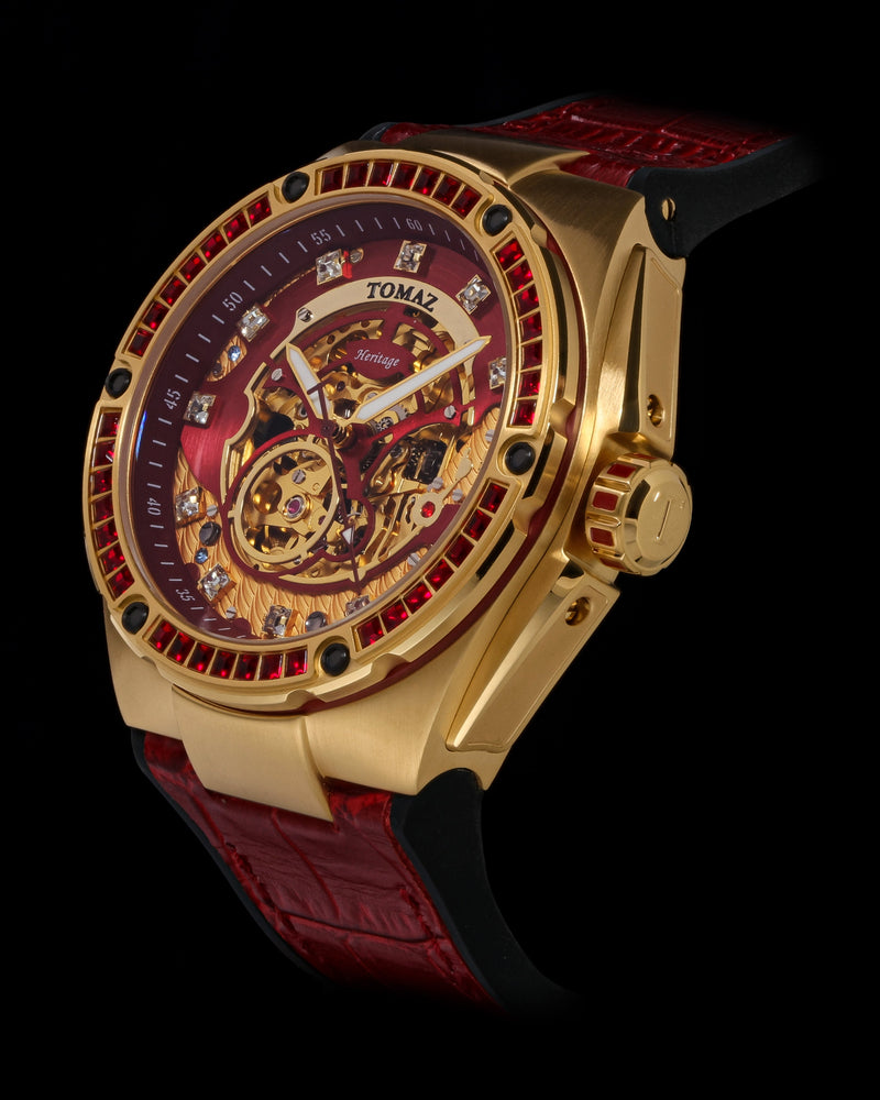 
                  
                    Load image into Gallery viewer, Xavier XL TW033-D7 (Gold/Red) with Red Swarovski (Red Bamboo Leather Strap)
                  
                