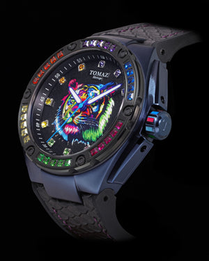 
                  
                    Load image into Gallery viewer, Harimau Limited Edition TW035-D1 (Black) with Rainbow Tiger &amp;amp; Swarovski (Black Rubber with Leather Strap)
                  
                