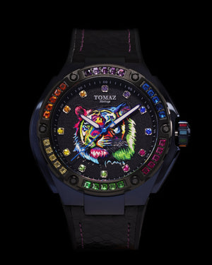 
                  
                    Load image into Gallery viewer, Harimau Limited Edition TW035-D1 (Black) with Rainbow Tiger &amp;amp; Swarovski (Black Rubber with Leather Strap)
                  
                