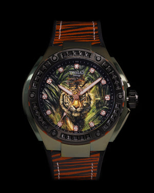 
                  
                    Load image into Gallery viewer, Harimau Limited Edition TW035-D2 (Black) with Green Tiger &amp;amp; Black Swarovski (Tigerstripe Rubber with Leather Strap)
                  
                