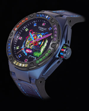 
                  
                    Load image into Gallery viewer, Harimau Limited Edition TW035-D3 (Blue/Black) with Rainbow Tiger &amp;amp; Swarovski (Blue Bamboo Rubber with Leather Strap)
                  
                