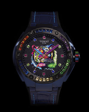 
                  
                    Load image into Gallery viewer, Harimau Limited Edition TW035-D3 (Blue/Black) with Rainbow Tiger &amp;amp; Swarovski (Blue Bamboo Rubber with Leather Strap)
                  
                