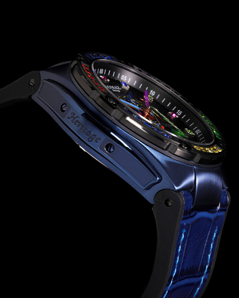 
                  
                    Load image into Gallery viewer, Harimau Limited Edition TW035-D3 (Blue/Black) with Rainbow Tiger &amp;amp; Swarovski (Blue Bamboo Rubber with Leather Strap)
                  
                