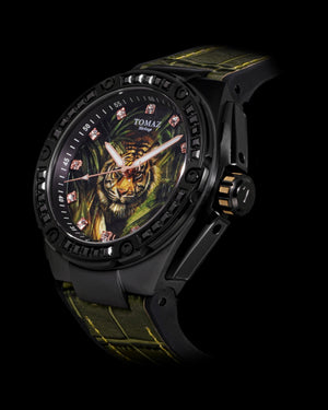 
                  
                    Load image into Gallery viewer, Harimau Limited Edition TW035-D4 (Black) with Black Tiger &amp;amp; Swarovski (Green Bamboo Rubber with Leather Strap)
                  
                