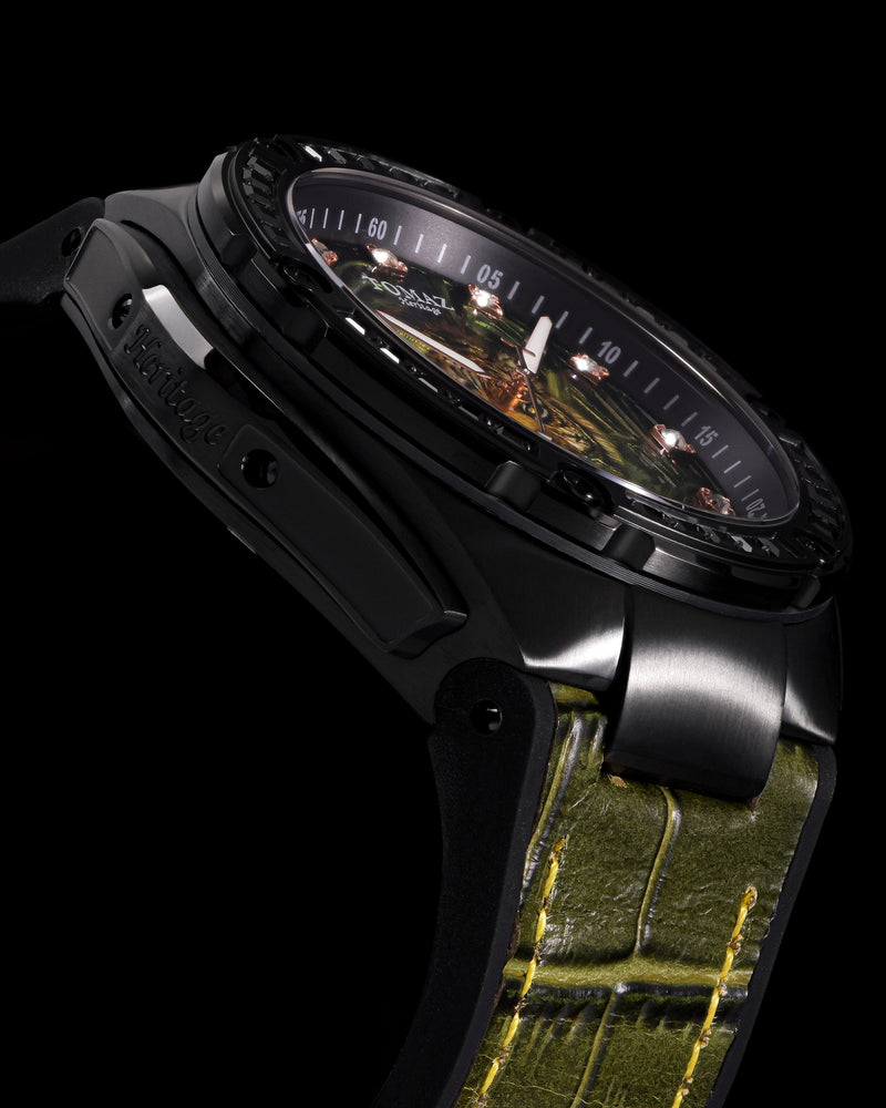 
                  
                    Load image into Gallery viewer, Harimau Limited Edition TW035-D4 (Black) with Black Tiger &amp;amp; Swarovski (Green Bamboo Rubber with Leather Strap)
                  
                