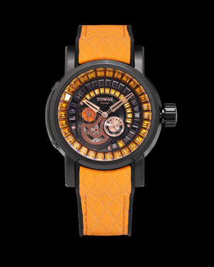 
                  
                    Load image into Gallery viewer, King TW036-D10 (Black/Rosegold) with Orange Black Zirconia Crystal (Orange Silicone with Leather Strap)
                  
                