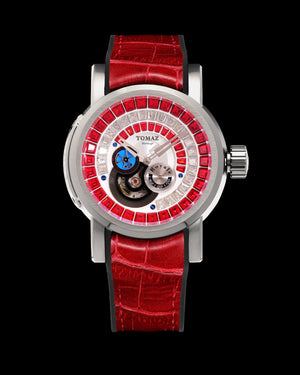 
                  
                    Load image into Gallery viewer, King TW036-D13 (Silver/White) with Red White Zirconia Crystal (Red Silicone with Leather Strap)
                  
                