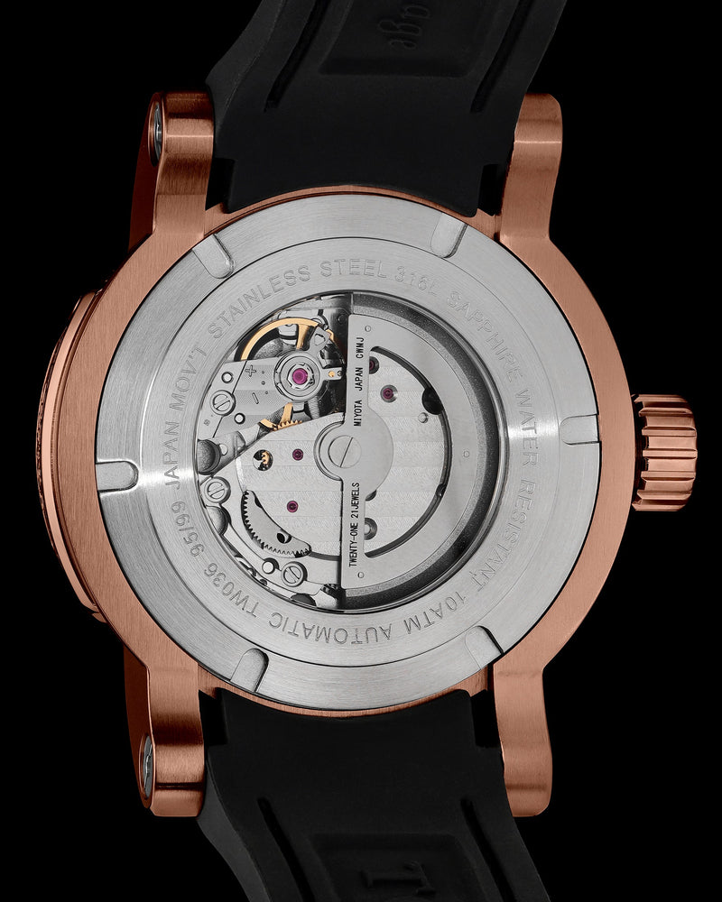 
                  
                    Load image into Gallery viewer, King TW036-D14 (Rosegold/Black) with Rainbow Zirconia Crystal (Black Silicone with Leather Strap)
                  
                