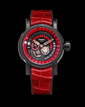 
                  
                    Load image into Gallery viewer, King TW036-D16 (Black) with Black Red Zirconia Crystal (Red Silicone with Leather Strap)
                  
                