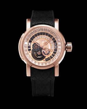 
                  
                    Load image into Gallery viewer, King TW036-D2 (Rosegold) with White Black Zirconia Crystal (Black Silicone with Leather Strap)
                  
                