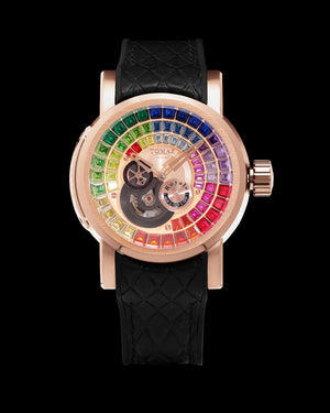 
                  
                    Load image into Gallery viewer, King TW036-D3 (Rosegold) with Rainbow Zirconia Crystal (Black Silicone with Leather Strap)
                  
                