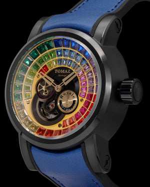 
                  
                    Load image into Gallery viewer, King TW036-D4 (Black/Gold) with Rainbow Zirconia Crystal (Blue Silicone with Leather Strap)
                  
                