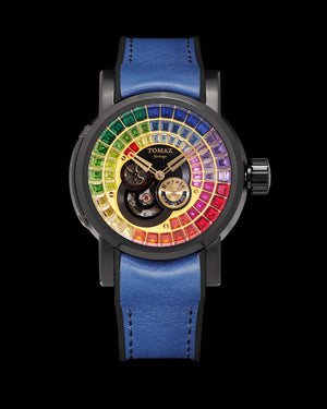 
                  
                    Load image into Gallery viewer, King TW036-D4 (Black/Gold) with Rainbow Zirconia Crystal (Blue Silicone with Leather Strap)
                  
                