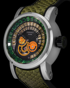 
                  
                    Load image into Gallery viewer, King TW036-D5 (Silver/Black) with Green White Zirconia Crystal (Green Silicone with Leather Strap)
                  
                