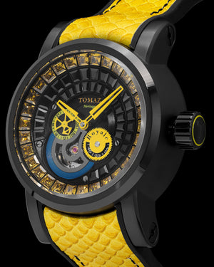 
                  
                    Load image into Gallery viewer, King TW036-D9 (Black) with Yellow Black Zirconia Crystal (Yellow Silicone with Leather Strap)
                  
                