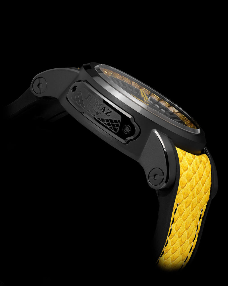 
                  
                    Load image into Gallery viewer, King TW036-D9 (Black) with Yellow Black Zirconia Crystal (Yellow Silicone with Leather Strap)
                  
                