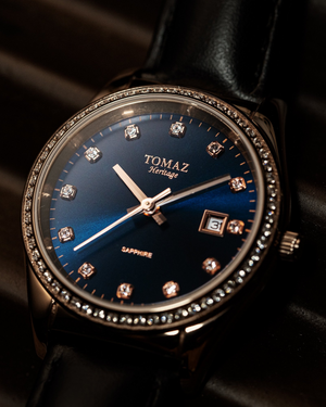 
                  
                    Load image into Gallery viewer, Tomaz Ladies Watch TQ017L-D3 (Rosegold/Blue) with Swarovski (Black Leather Strap)
                  
                