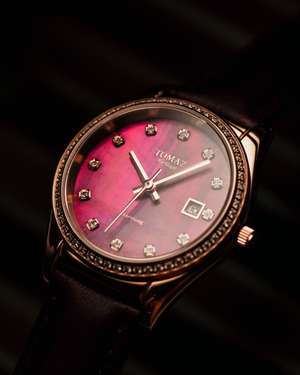 
                  
                    Load image into Gallery viewer, Tomaz Ladies Watch TQ017L-D5  (Rosegold/Pink) with Swarovski (Black Leather Strap)
                  
                