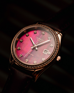 
                  
                    Load image into Gallery viewer, Tomaz Ladies Watch TQ017L-D5 (Rosegold/Pink) with Swarovski (Wine Leather Strap)
                  
                