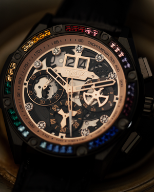 
                  
                    Load image into Gallery viewer, RAWR III TW024D-D4 (Black/Rosegold) with Rainbow Swarovski 9Black Leather Strap)
                  
                