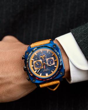 
                  
                    Load image into Gallery viewer, Jezper TQ021B-D10 (Blue) with Rainbow Swarovski (Yellow Salmon Leather Strap)
                  
                