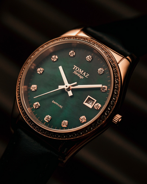 
                  
                    Load image into Gallery viewer, Tomaz Ladies Watch TQ017L-D6 (Rosegold/Green) with Swarovski (Black Leather Strap)
                  
                