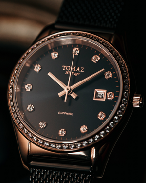 
                  
                    Load image into Gallery viewer, Tomaz Ladies Watch TQ017L-D4 (Rosegold/Black) with Swarovski (Black Mesh Strap)
                  
                